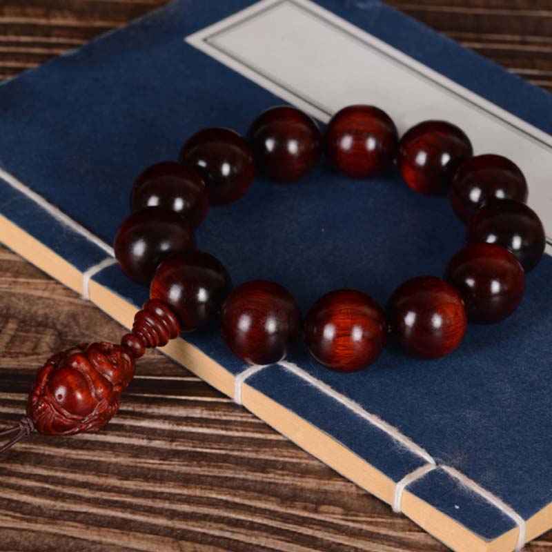 Mythstone Small Leaf Red Sandalwood Laughing Buddha God of Wealth Protection Bracelet