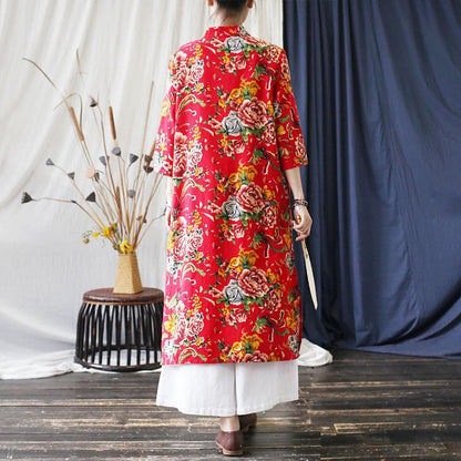 Mythstone Red Blue Peony Midi Dress Half Sleeve Cotton Linen Dress Wide Leg Pants With Pockets