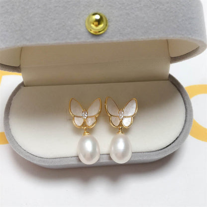 Mythstone 925 Sterling Silver Posts 18K Gold Plated Copper Pearl Butterfly Optimism Stud Earrings