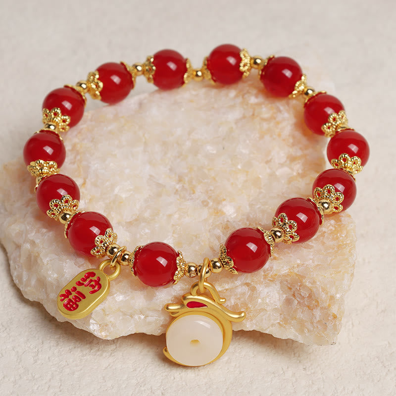 MythStone Year of the Dragon Red Agate Green Aventurine Peace Buckle Fu Character Lucky Fortune Bracelet