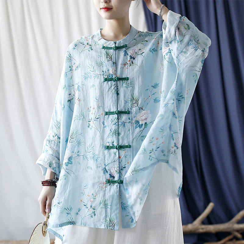 Mythstone Light Green Pink Flowers Green Leaves Frog-Button Long Sleeve Ramie Linen Jacket Shirt