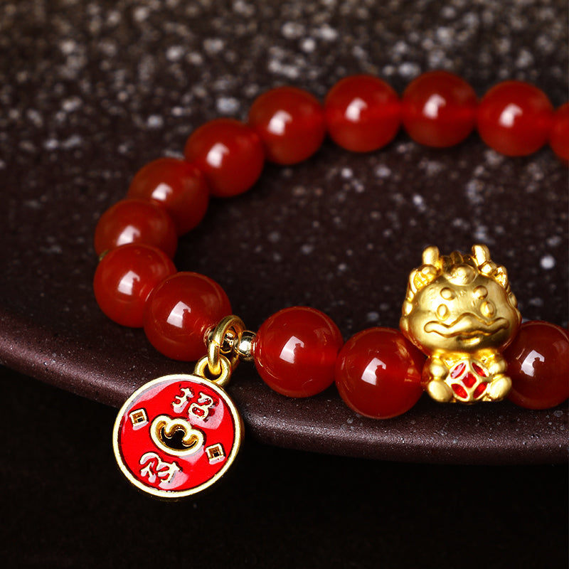 Pulsera para atraer la fortuna con moneda de cobre y ágata roja natural del año del dragón de Mythstone