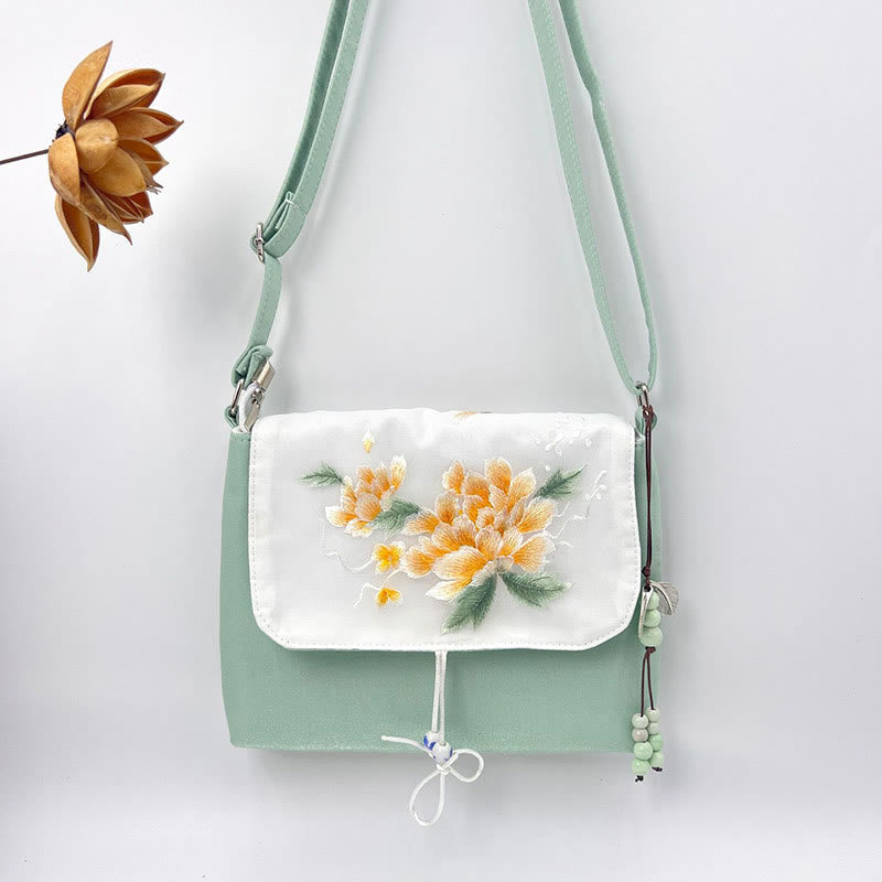 Bolso bandolera con bordado de camelia, epifilo, gardenia y flores de cerezo de Mythstone, bolso de hombro, bolso para teléfono móvil