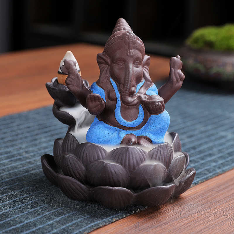 Mythstone Ganesh Elephant Purple Clay Backflow Smoke Fountain Protection Incense Burner