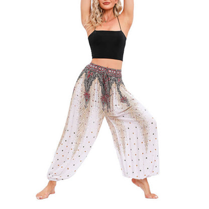 Mythstone Peacock Feather Pattern Loose Harem Trousers Women's Yoga Pants