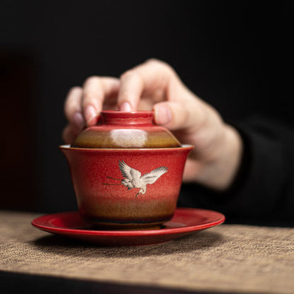 Mythstone Red Auspicious Crane Ceramic Gaiwan Sancai Teacup Kung Fu Tea Cup And Saucer With Lid