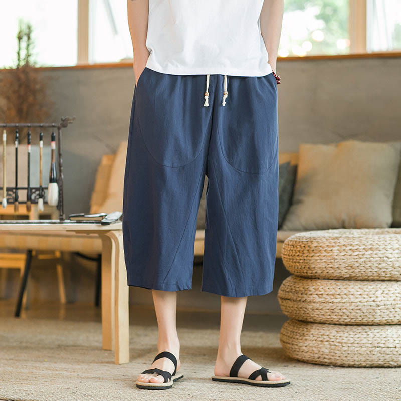 Mythstone Solid Color Mid-Length Wide Leg Pants Cotton Men's Wide Leg Pants With Pockets