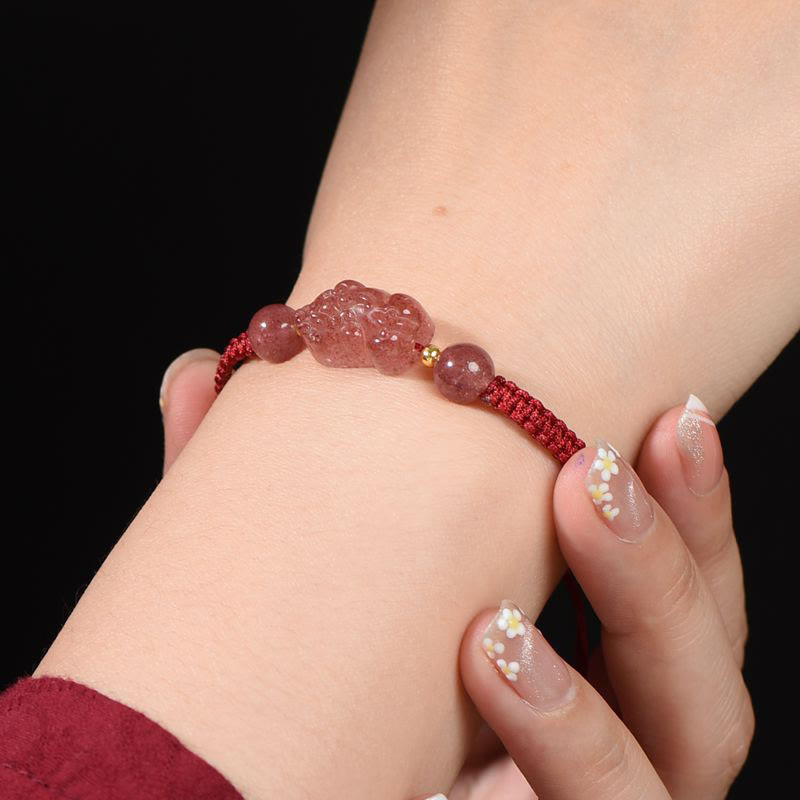 Mythstone Natural Strawberry Quartz PiXiu Lucky Red String Bracelet