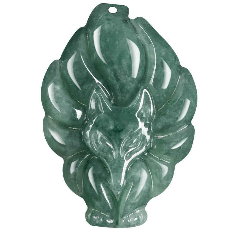 Mythstone Natural Green Jade Nine-Tailed Fox Luck Necklace Pendant