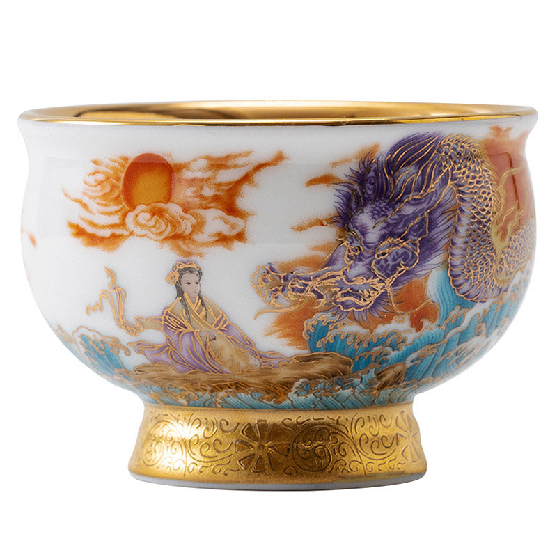 Mythstone Golden Eagle Auspicious Dragon Sun Ocean Waves Gilt Ceramic Teacup Kung Fu Tea Cup