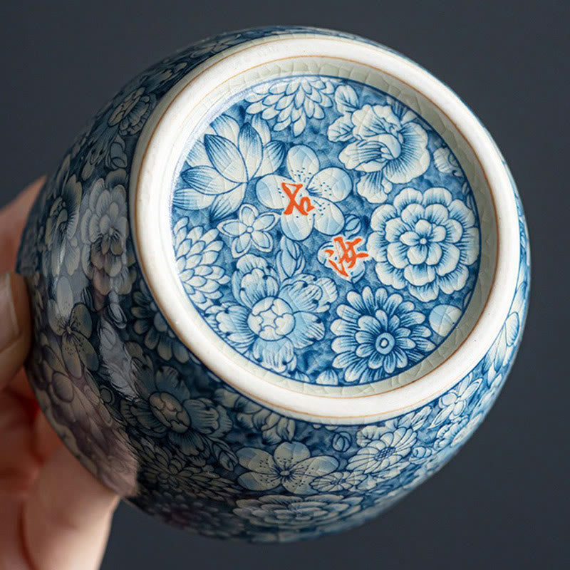 Mythstone Blue Lotus Peach Blossom Chrysanthemum Design Ceramic Teacup Kung Fu Tea Cups