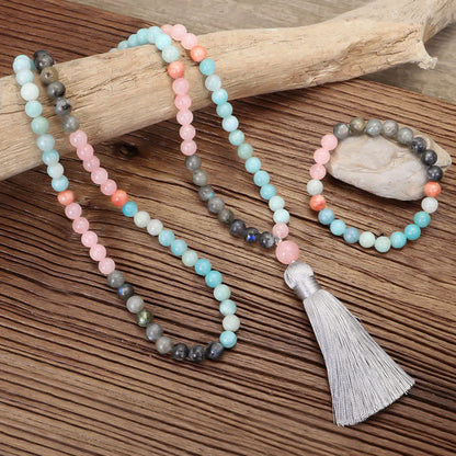 108 Mala Beads Amazonite Black Glitter Stone Positive Tassel Bracelet