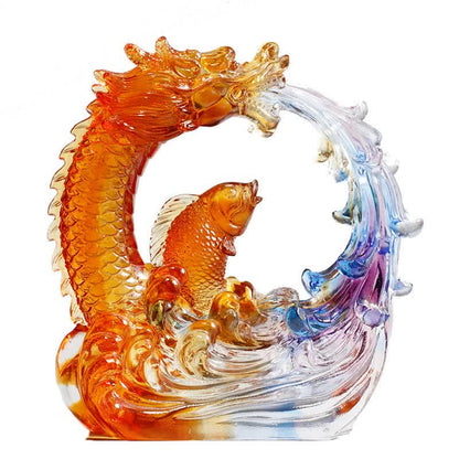 Mythstone Feng Shui Dragon Koi Fish Handmade Liuli Crystal Art Piece Home Office Decoration