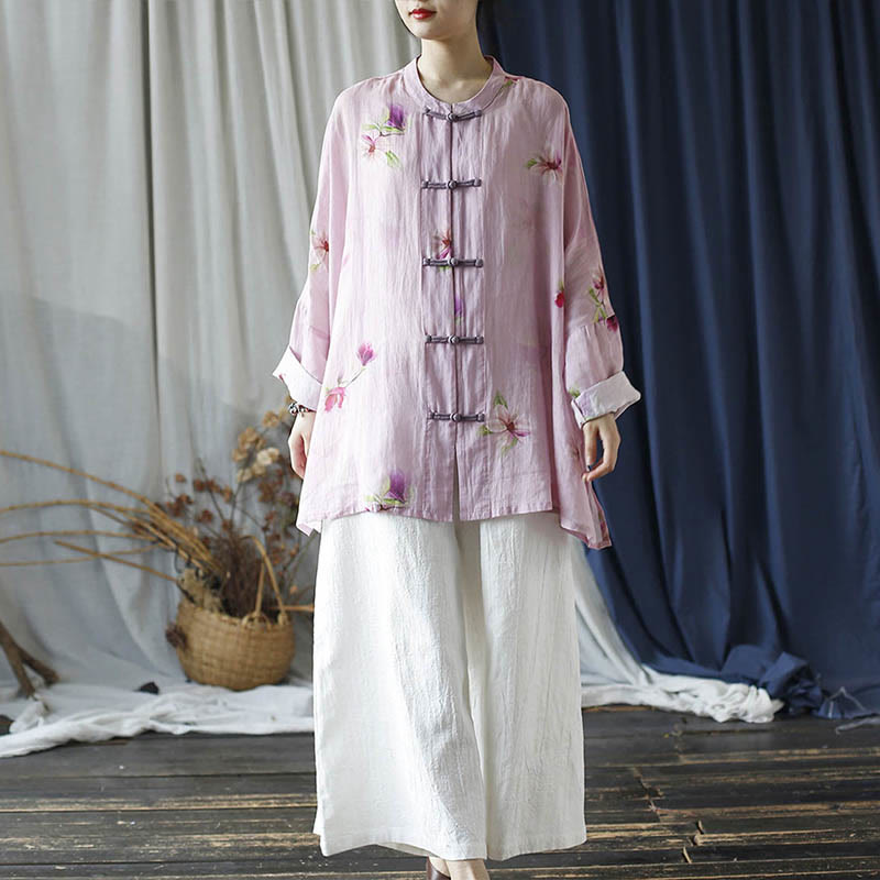 Mythstone Pink Flower Print Frog-button Design Batwing Long Sleeve Ramie Linen Jacket Shirt