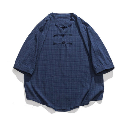 Mythstone Frog-Button Plaid Pattern Chinese Tang Suit Half Sleeve Shirt Cotton Linen Men Clothing