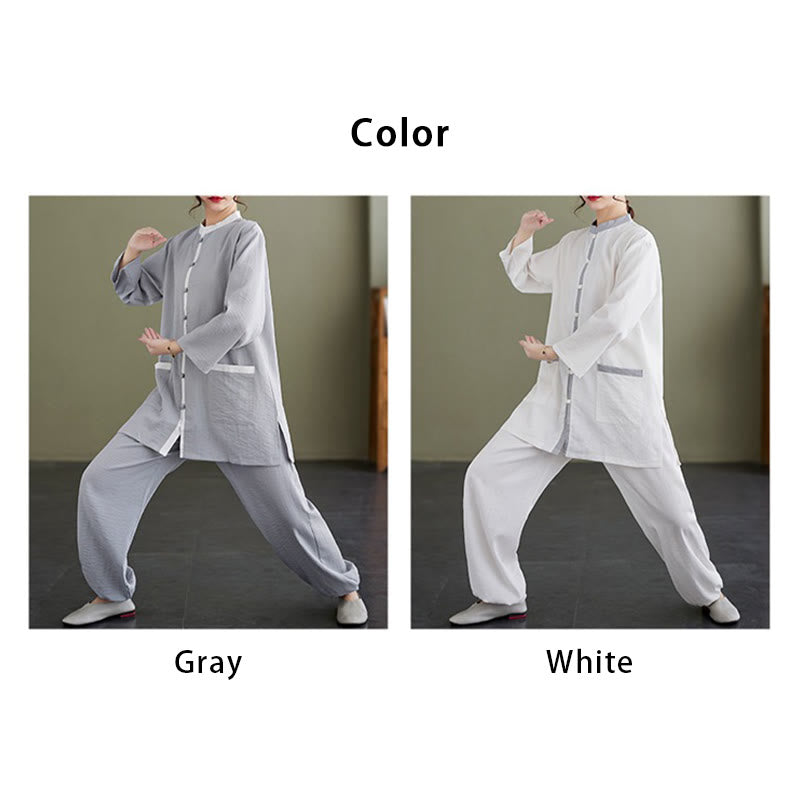 Mythstone 2Pcs Solid Color Long Sleeve Shirt Top Pants Meditation Zen Tai Chi Cotton Linen Clothing Women's Set