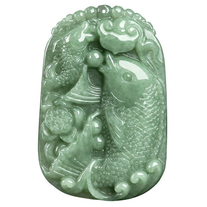 Colgante de jade natural con forma de pez koi y loto para la prosperidad y la riqueza