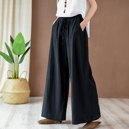 Mythstone Loose Cotton Linen Drawstring Wide Leg Pants With Pockets