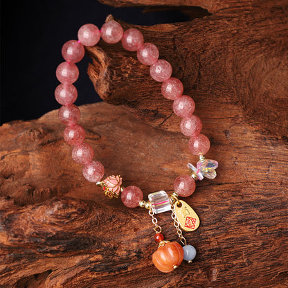 Mythstone Natural Strawberry Quartz Fu Character Pumpkin Charm Positive Bracelet