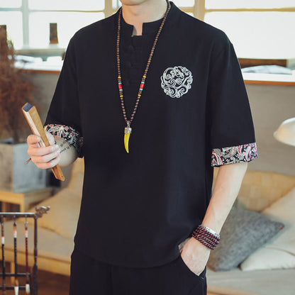 Mythstone Frog-Button Dragon Embroidery Chinese Tang Suit Short Sleeve Shirt Linen Men Clothing