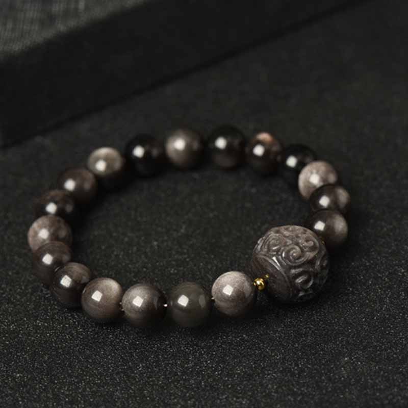 Mythstone Silver Sheen Obsidian Lotus Flower Nine Tailed Fox Laughing Buddha Protection Bracelet