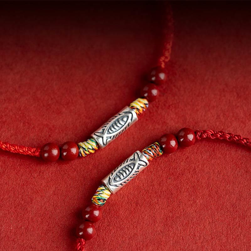 Mythstone 925 Sterling Silver Koi Fish Cinnabar Bead Wealth Handcrafted Braided Bracelet Anklet