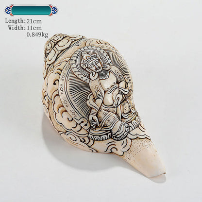 Mythstone Tibetan Handmade Engraved Shankha Buddha Avalokitesvara Conch Shell Wealth Decoration