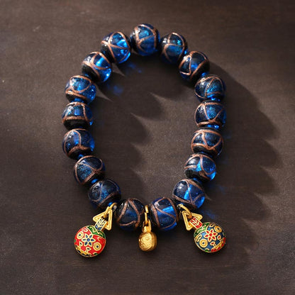 Mythstone Gold Swallowing Beast Luck Charm Blue Liuli Glass Bead Fortune Bracelet