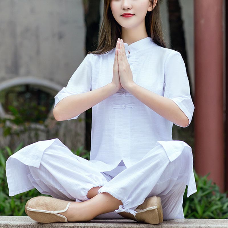 Mythstone 2Pcs Half Sleeve Shirt Top Pants Meditation Zen Tai Chi Linen Clothing Women's Set