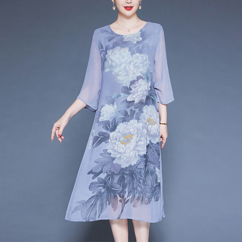 Mythstone Peony Flowers Print Three Quarter Sleeve Midi Dress