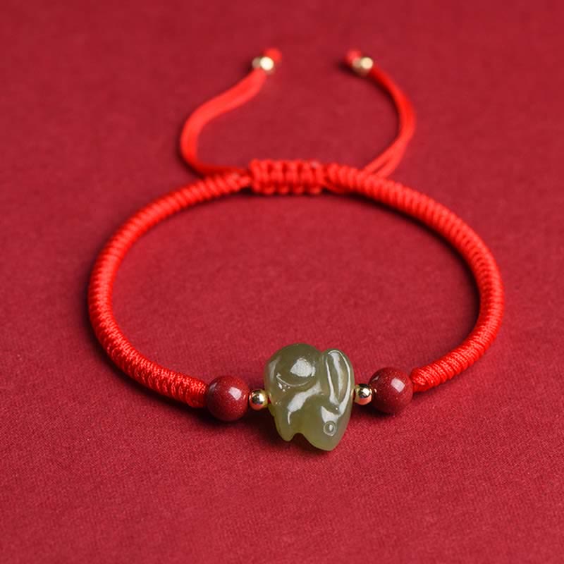 Pulsera de hilo de cuentas de cinabrio con forma de conejo de jade hetiano del año del conejo