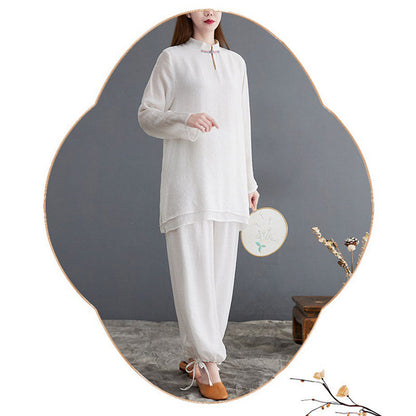 Mythstone 2Pcs Tai Chi Meditation Yoga Zen Spiritual Cotton Linen Clothing Top Pants Women's Set