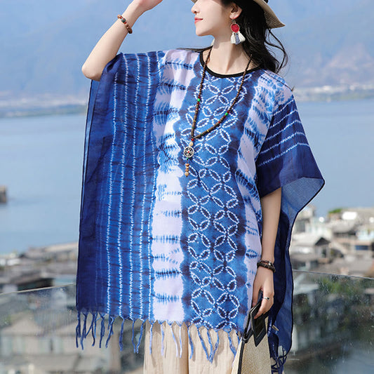 Mythstone Blue White Striped Indigo Dyeing Shawl Tassels Cozy Pullover 90*95cm