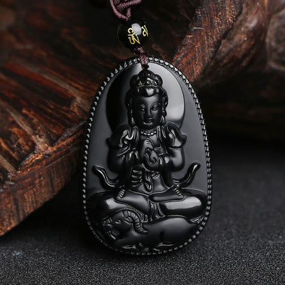 Colgante de obsidiana negra natural con diseño de Buda natal del zodíaco chino Mythstone