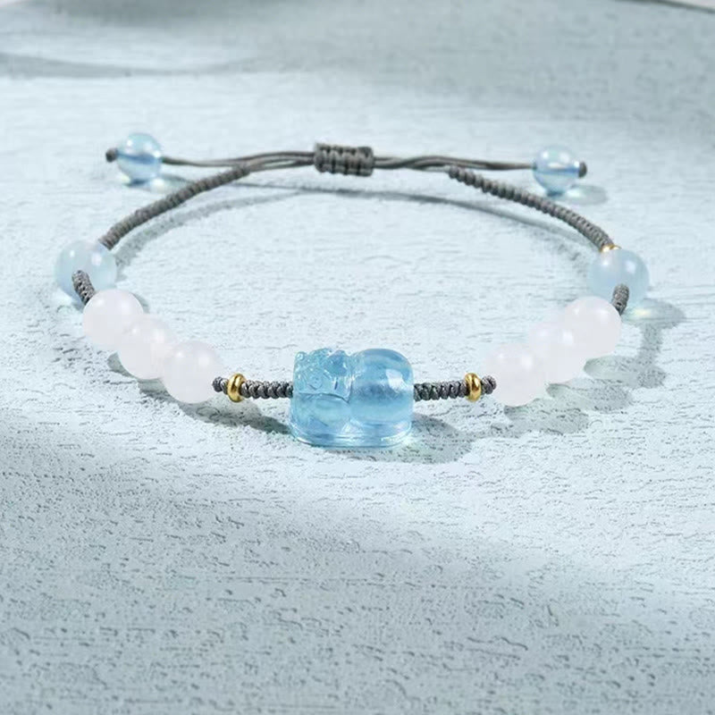 Mythstone Natural Aquamarine PiXiu Hetian White Jade Healing Bracelet