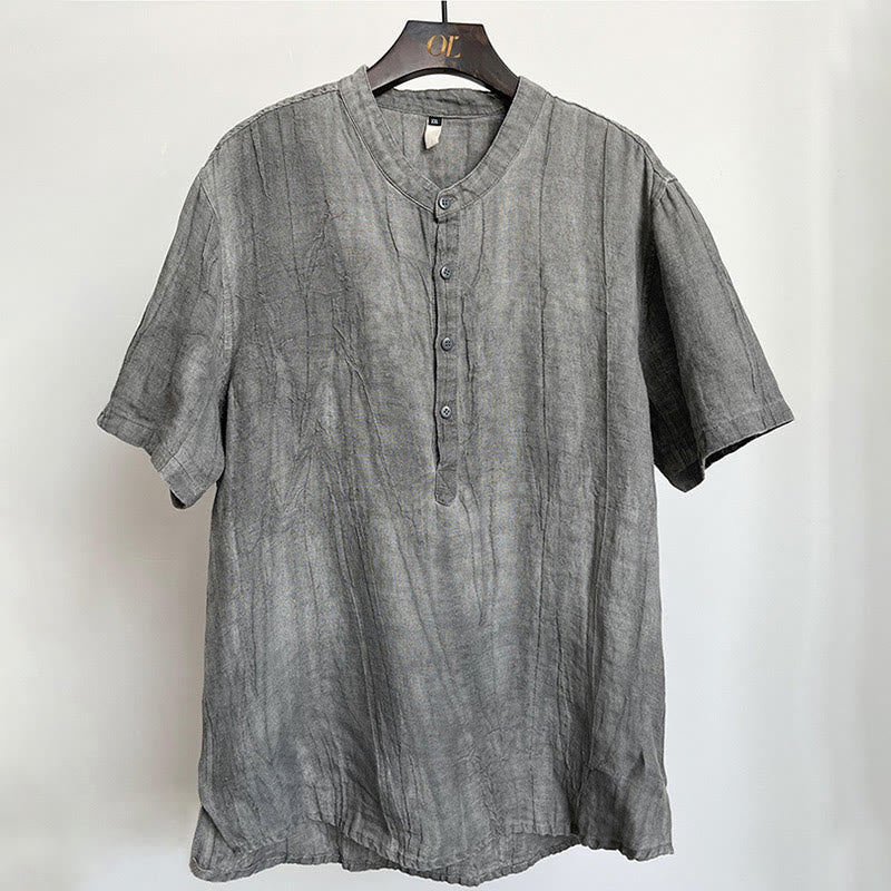 Mythstone Solid Color Short Sleeve Button Shirt Linen Men Clothing