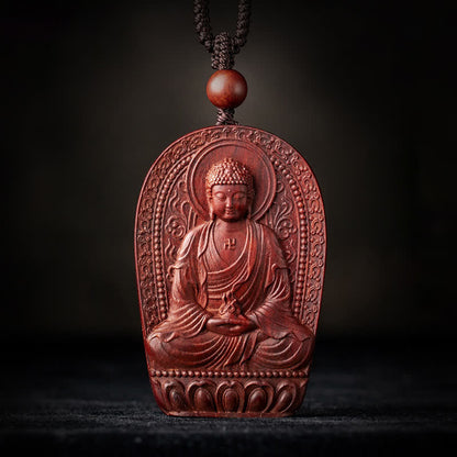 Mythstone Chinese Zodiac Natal Buddha Small Leaf Red Sandalwood Lotus Protection Necklace Pendant