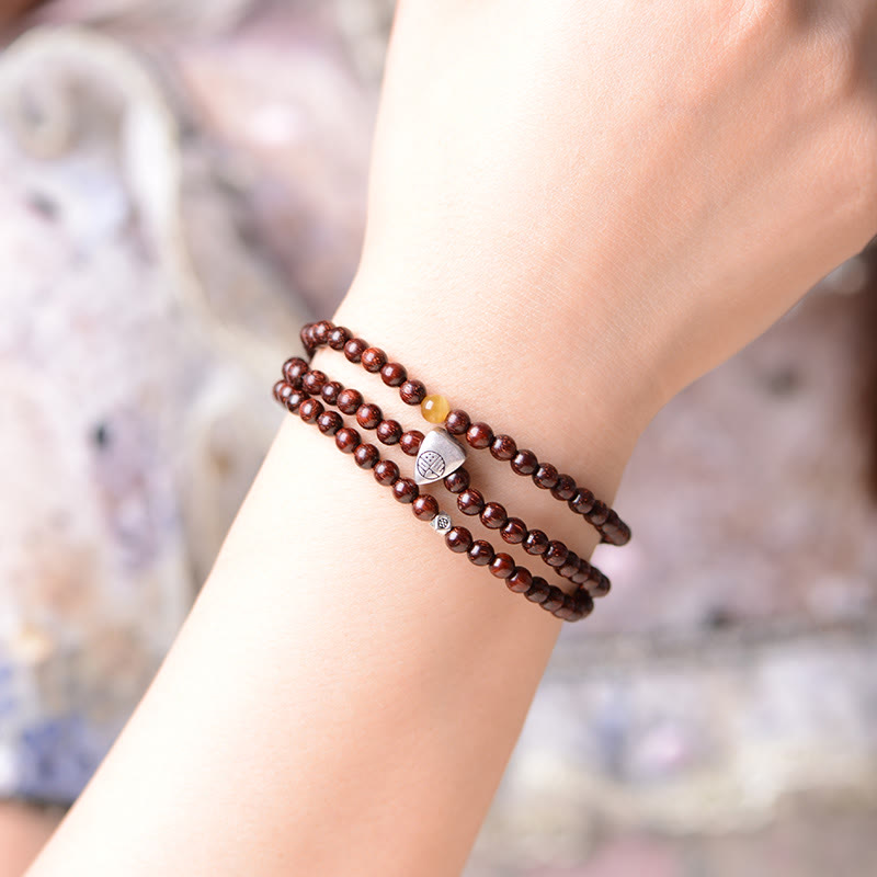 Mythstone 925 Sterling Silver Indian Small Leaf Red Sandalwood Fu Character Protection Triple Wrap Bracelet