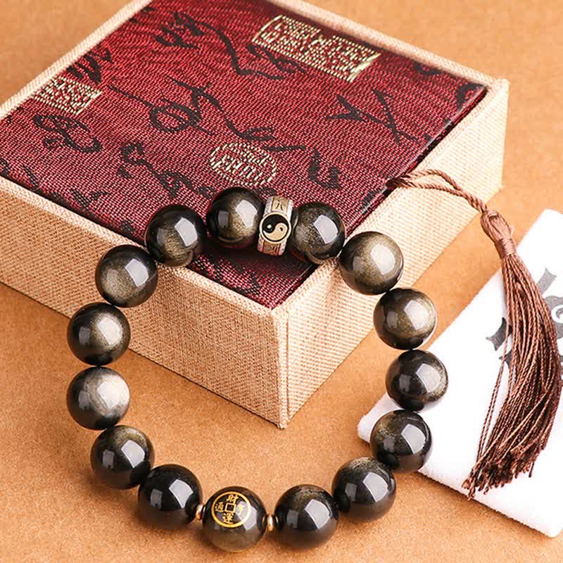 Mythstone 925 Sterling Silver Black Obsidian Gold Sheen Obsidian Silver Sheen Obsidian Yin Yang Protection Bracelet