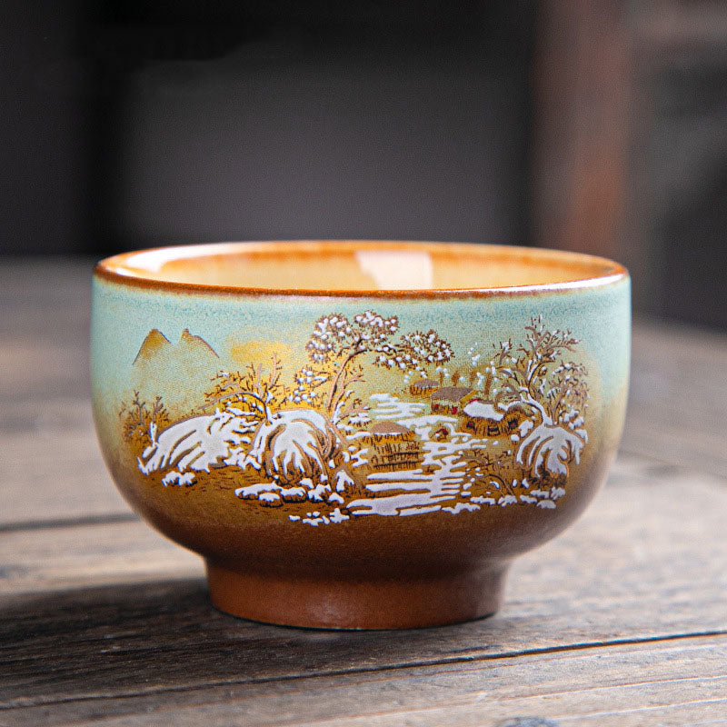 Mythstone Colorful Deer Pipa Snow Plum Blossoms Mountains Rivers Bird Ceramic Teacup Kung Fu Tea Cup Bowl