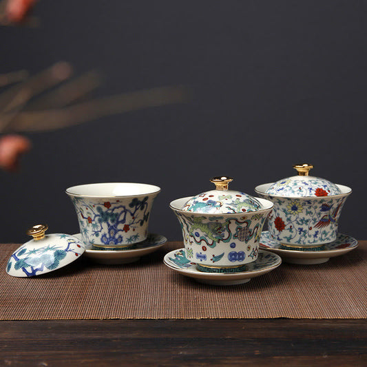 Mythstone Retro Plum Blossom Pine Bamboo Phoenix Kirin Ceramic Gaiwan Sancai Teacup Kung Fu Tea Cup and Saucer with Lid