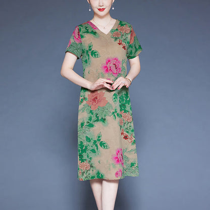 Mythstone V-Neck Green Red Peony Colorful Flowers Short Sleeve Midi Dress With Pockets