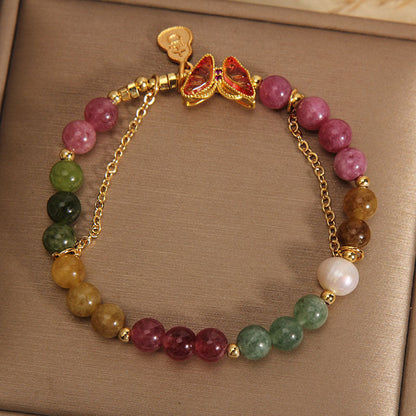 MythStone Natural Colorful Tourmaline Butterfly Auspicious Character Gourd Charm Positive Bracelet