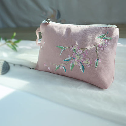 Mythstone Small Flower Plum Cherry Crane Peach Blossom Embroidery Canvas Wallet Shopping Purse