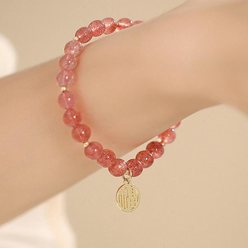 Mythstone 14K Gold Plated Strawberry Quartz Fu Character Healing Charm Bracelet