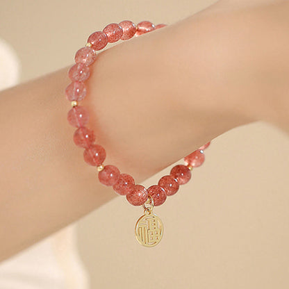 Mythstone 14K Gold Plated Strawberry Quartz Fu Character Healing Charm Bracelet