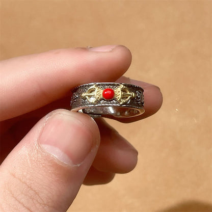 Mythstone Tibetan Om Mani Padme Hum Red Agate Dorje Vajra Design Wisdom Ring