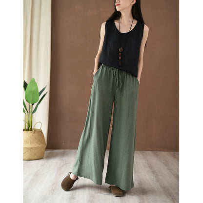 Mythstone Loose Cotton Linen Drawstring Wide Leg Pants With Pockets