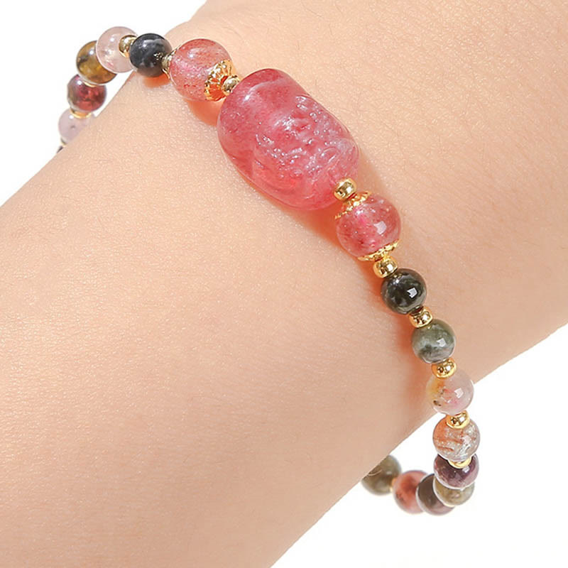 Mythstone Moonstone Strawberry Quartz Tourmaline PiXiu Healing Bracelet