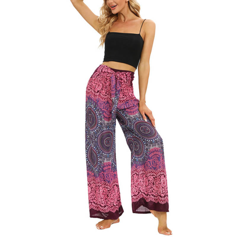 Mythstone Bohemian Mandala Flower Lace-up Wide Leg Pants Women's Yoga Pants